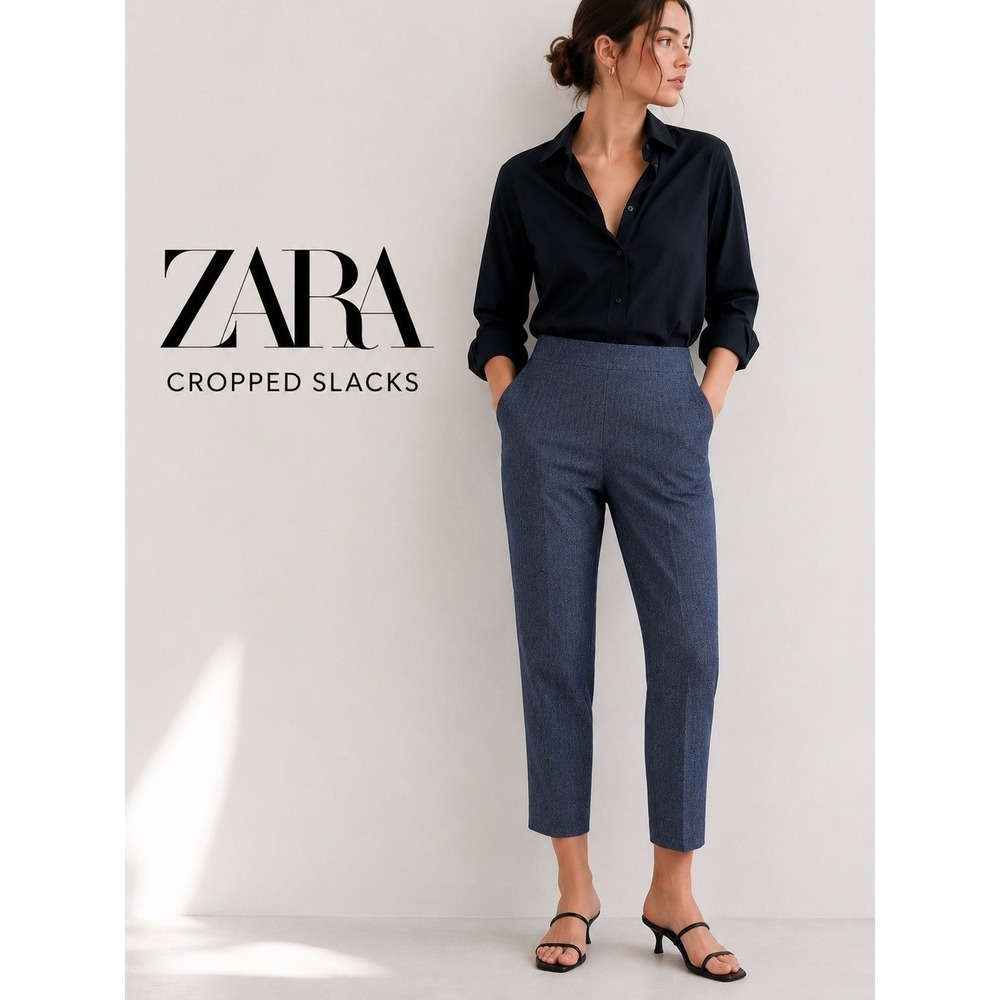 Zara Herringbone Cropped Pants Gray‎ High Rise Trouser Workwear Women's XL